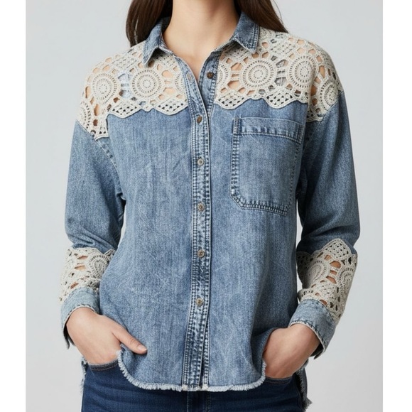 Oli & Hali Jackets & Blazers - Oli & Hali Denim Button Up with Lace Accents